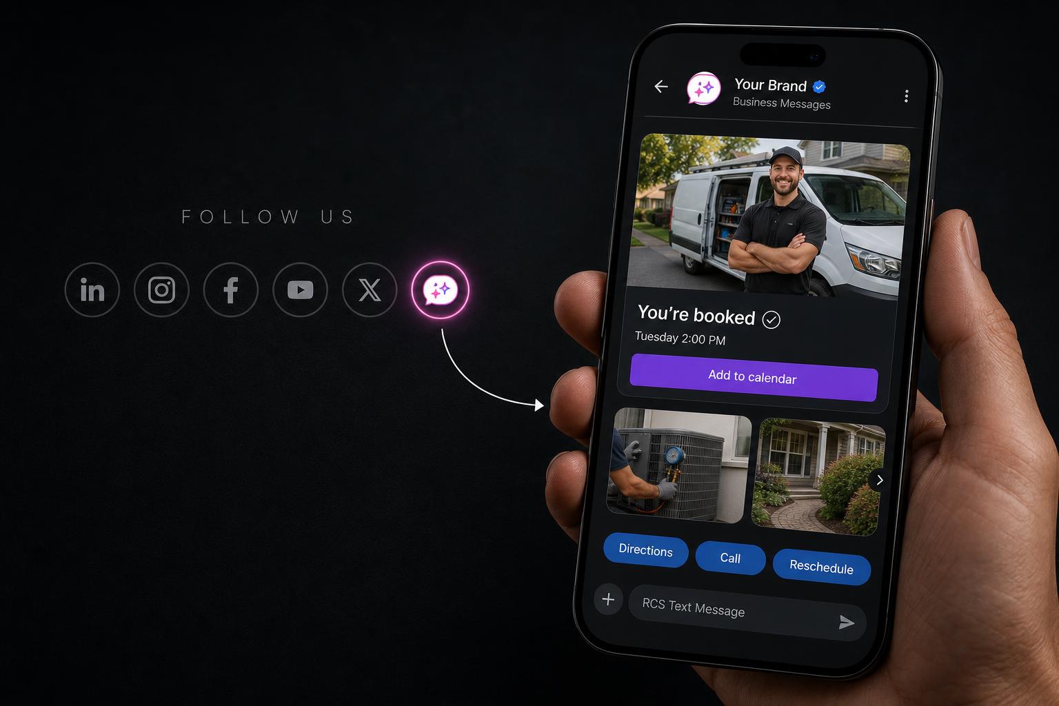 A website Follow Us social row where the MessageOS sparkle icon glows and opens a verified RCS booking conversation on a phone